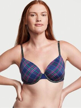 Victoria's Secret Blue and Purple Plaid Contour Bra 38D/D85